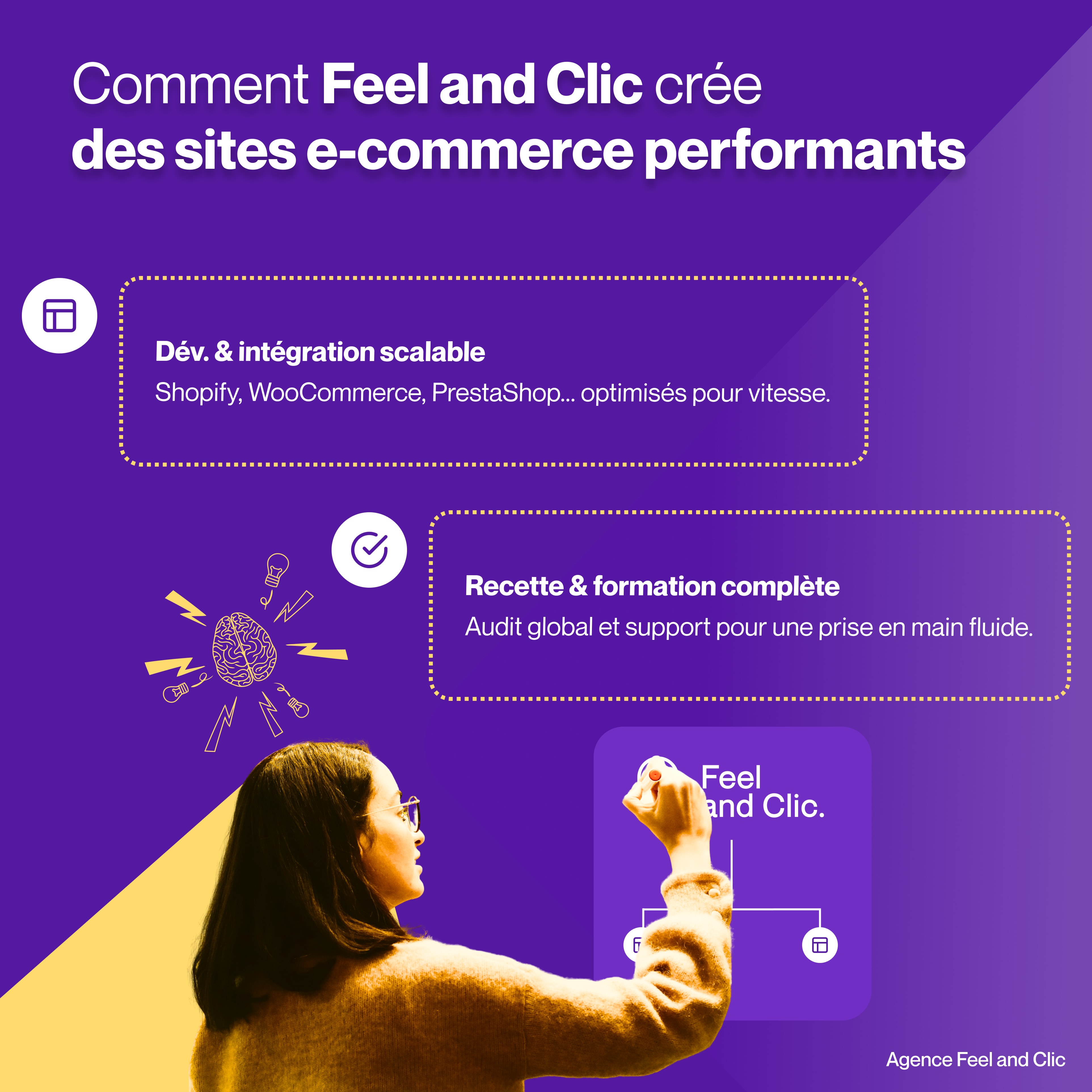 Création de sites ecommerce performants avec Feel and Clic Développement Scalable et Formation Complète Apprenez comment Feel and Clic conçoit des sites e-commerce performants, avec un développement et une intégration scalable (Shopify, WooCommerce, PrestaShop optimisés pour la vitesse) ainsi qu'une recette et formation complète pour une prise en main fluide.