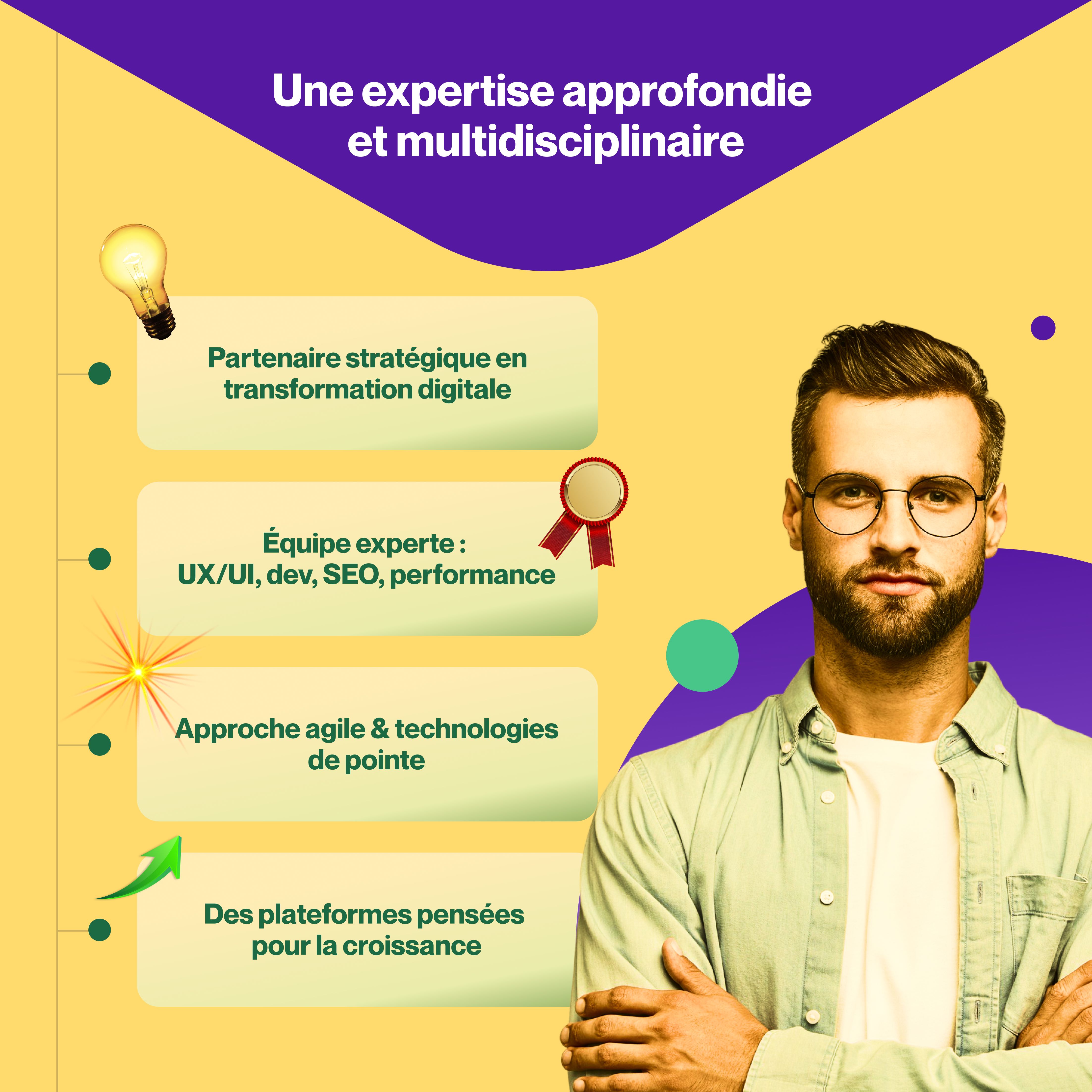 Notre expertise multidisciplinaire au service de la création de site web Découvrez comment notre savoir-faire complet en transformation digitale, avec une équipe d'experts en UX/UI, développement, SEO et performance, une approche agile et des technologies de pointe, permet de concevoir des plateformes web pensées pour la croissance.