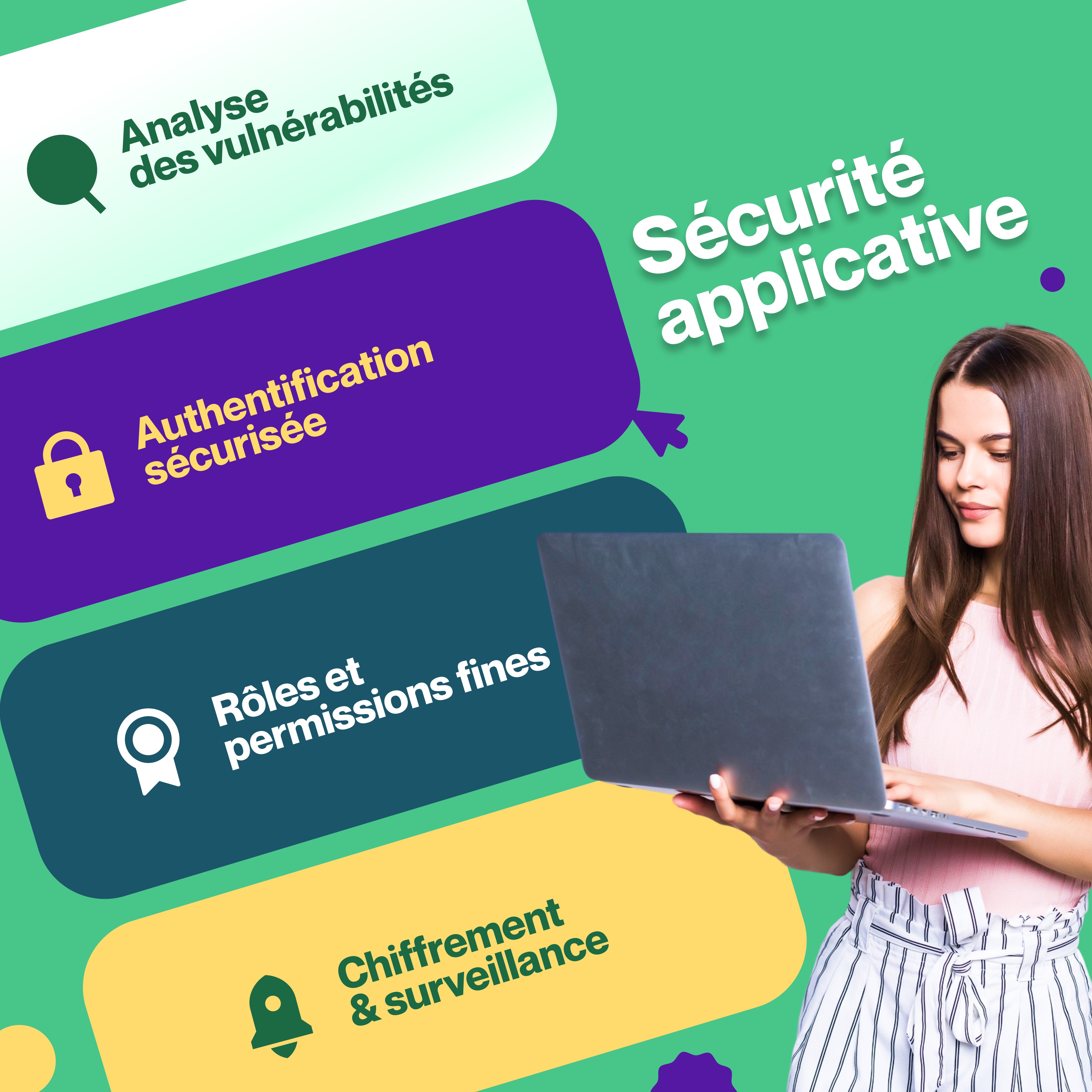 La sécurité applicative est primordiale pour notre entreprise de développement informatique et agence LLM. Analyse des vulnérabilités, authentification sécurisée, gestion des rôles et chiffrement pour protéger vos solutions.